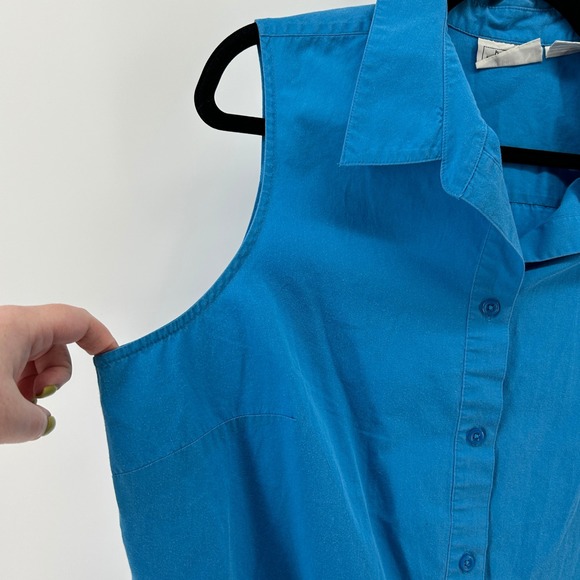 Basic Editions Teal Blue Sleeveless Button Down Shirt 18W 90s Coastal Preppy - Picture 2 of 8